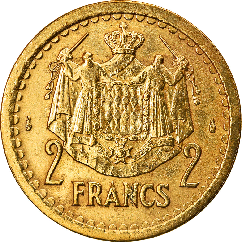 Coin, Monaco, Louis II, 2 Francs, undated (1945), EF(40-45), Aluminum-Bronze