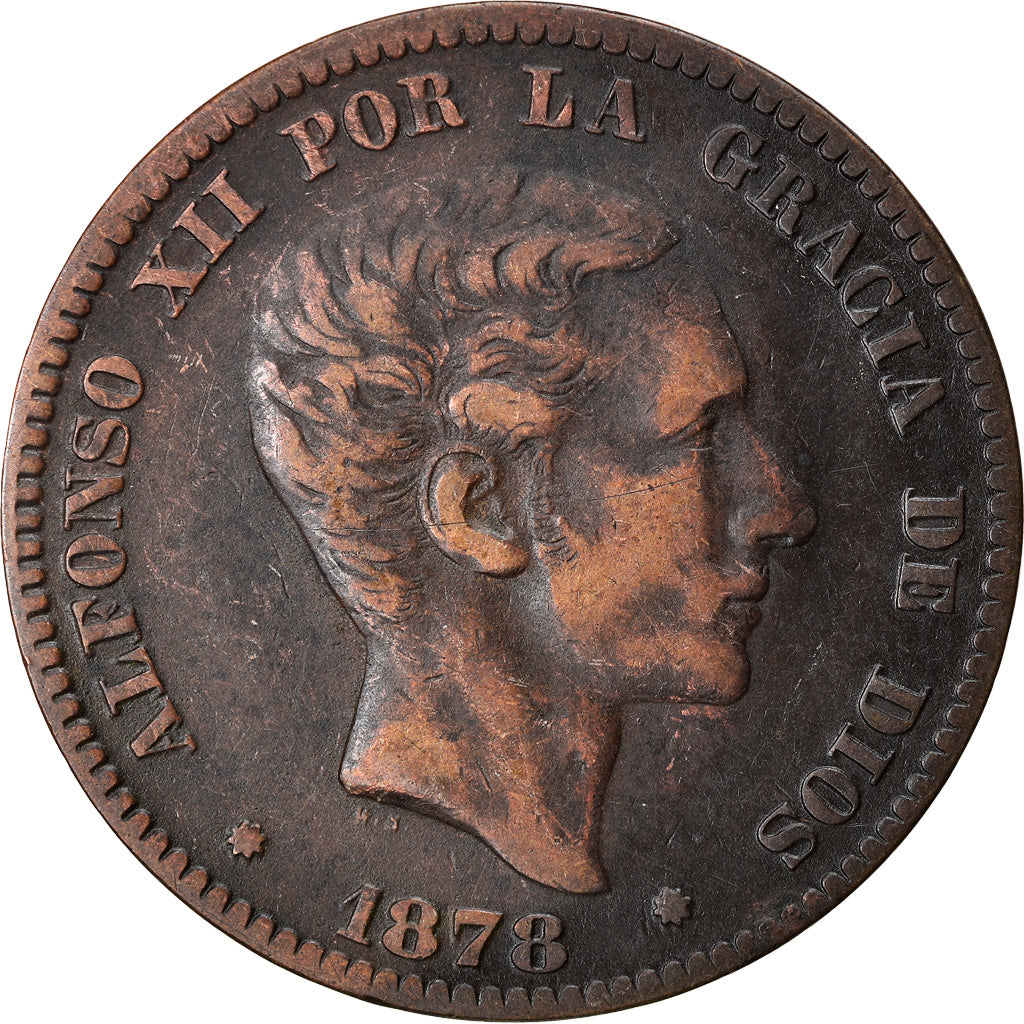 Moneta, Spagna, Alfonso XII, 10 Centimos, 1878, Madrid, BB+, Bronzo, KM:675