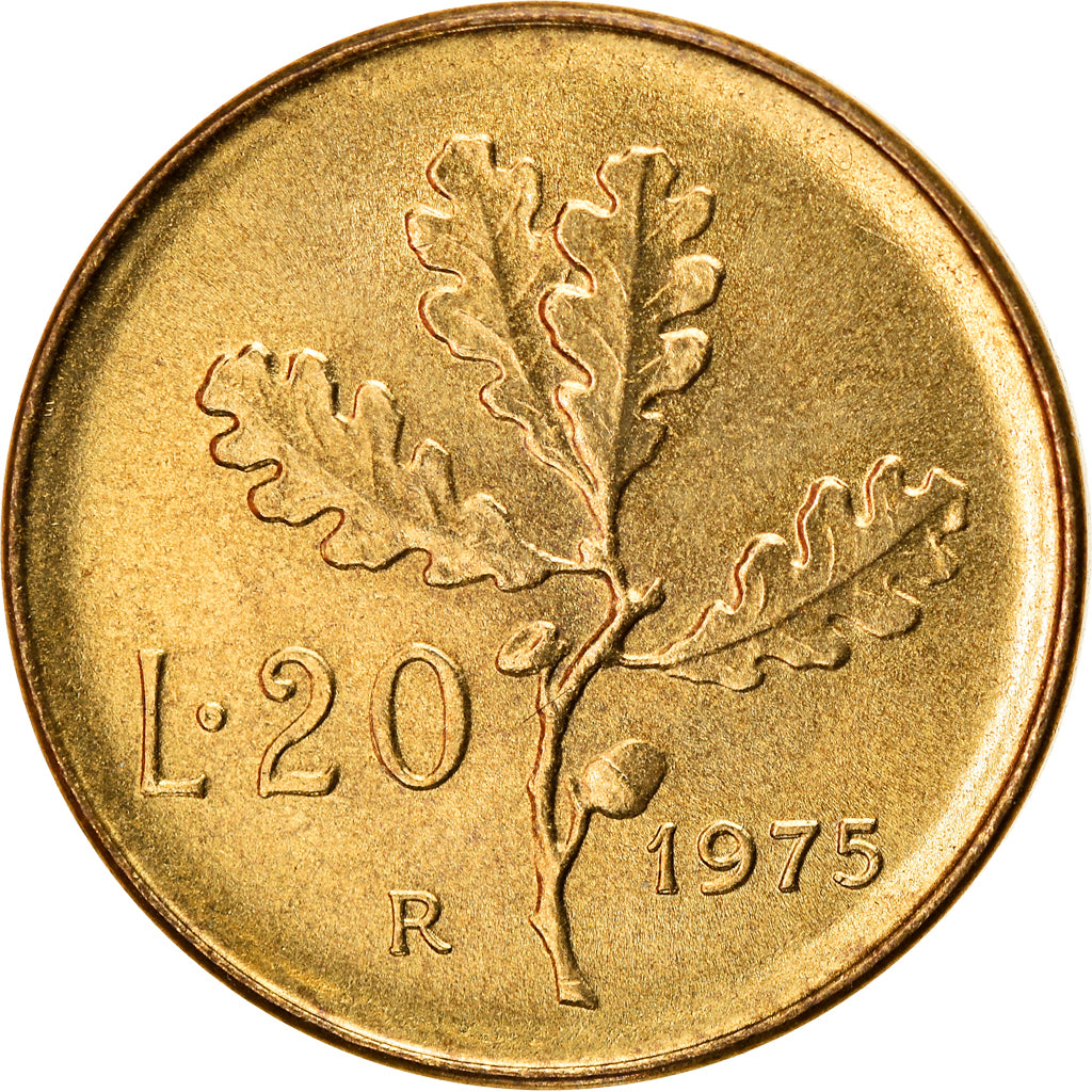 Coin, Italy, 20 Lire, 1975, Rome, AU(50-53), Aluminum-Bronze, KM:97.2