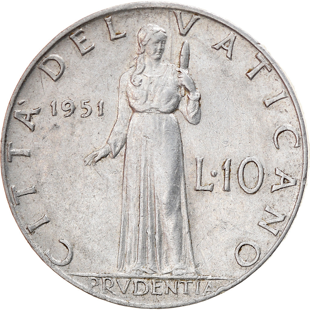 Moneta, PAŃSTWO WATYKAŃSKIE, Pius XII, 10 Lire, 1951, EF(40-45), Aluminium
