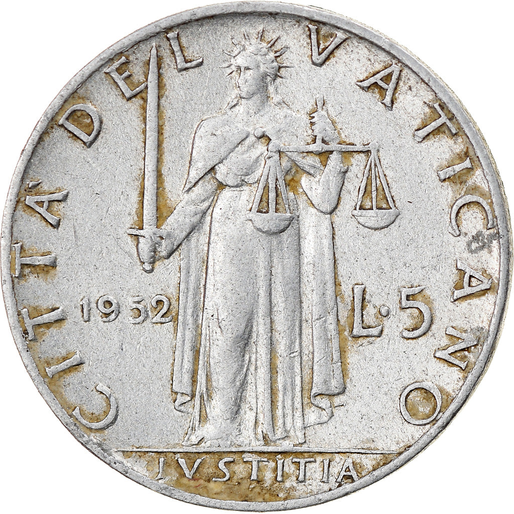 Coin, VATICAN CITY, Pius XII, 5 Lire, 1952, Roma, VF(30-35), Aluminum, KM:51.1