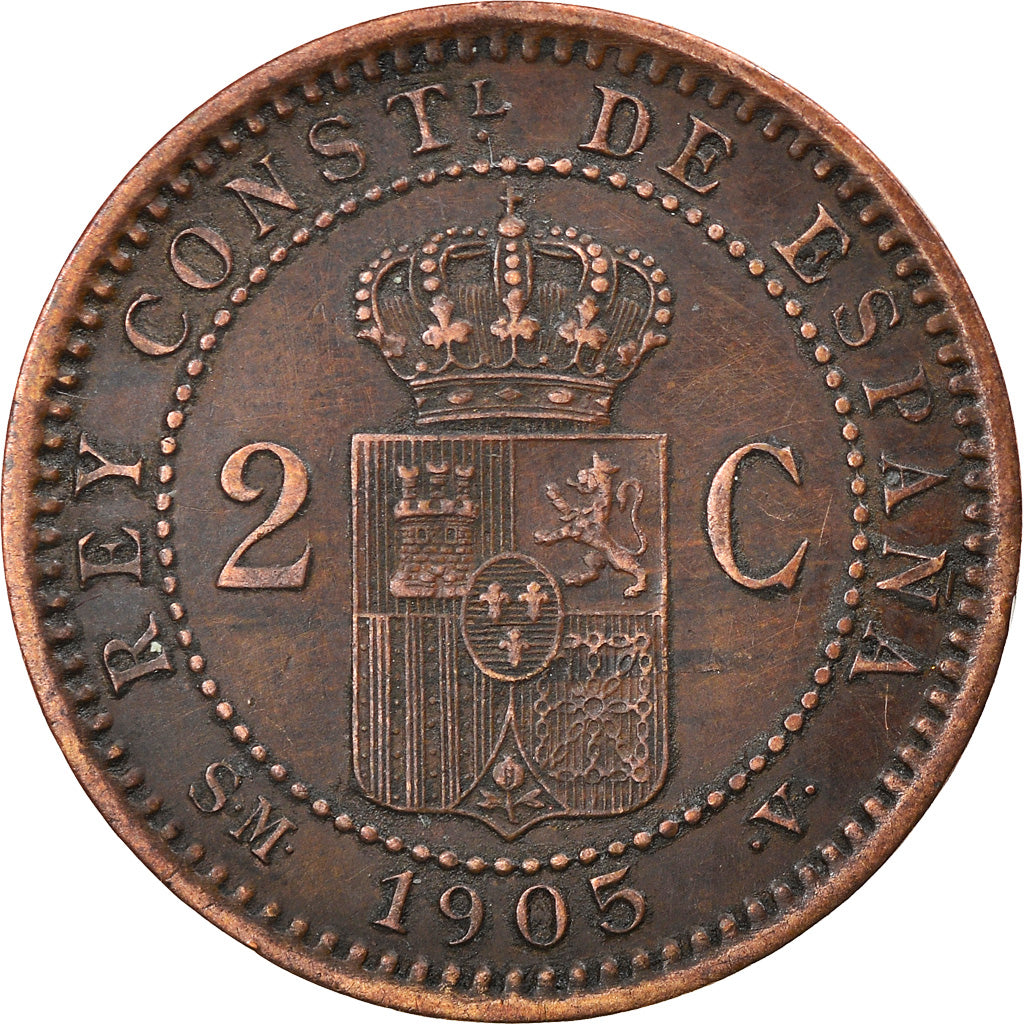 Coin, Spain, Alfonso XIII, 2 Centimos, 1905, Madrid, AU(55-58), Copper, KM:722