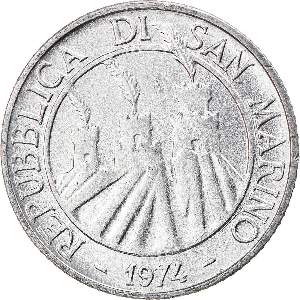 Coin, San Marino, 2 Lire, 1974, MS(64), Aluminum, KM:31