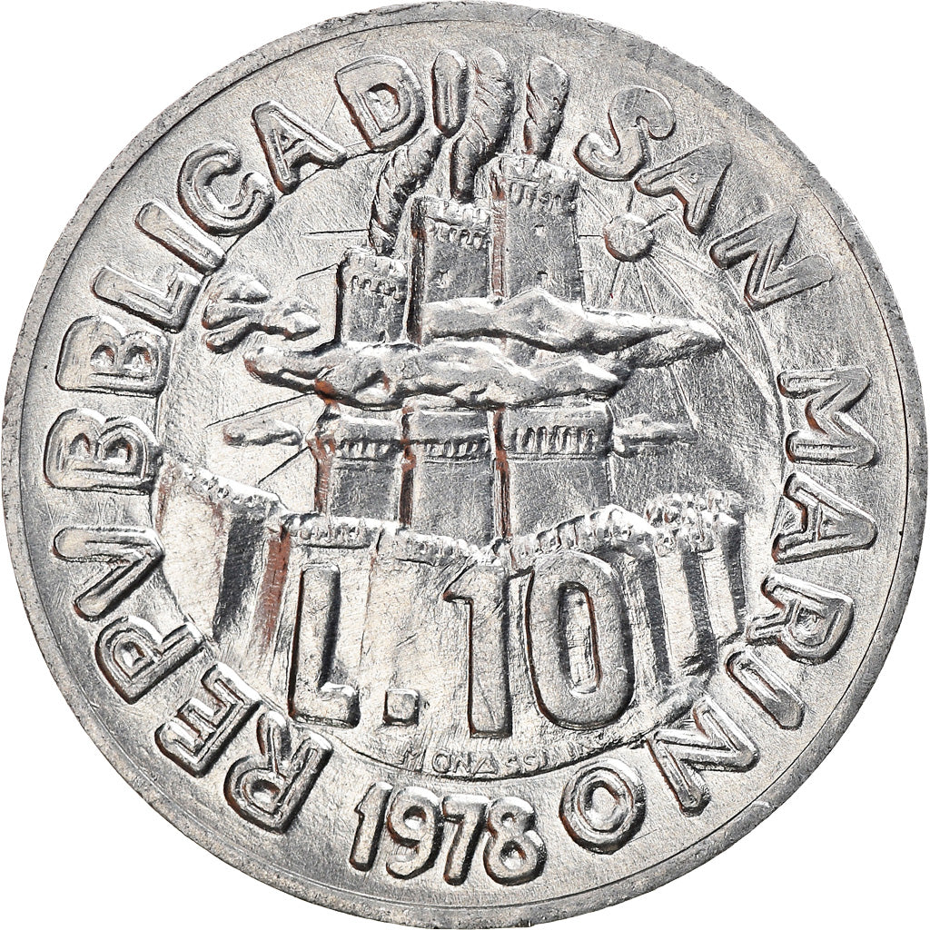 Moeda, San Marino, 10 Lire, 1978, Rome, AU(55-58), Alumínio, KM:79