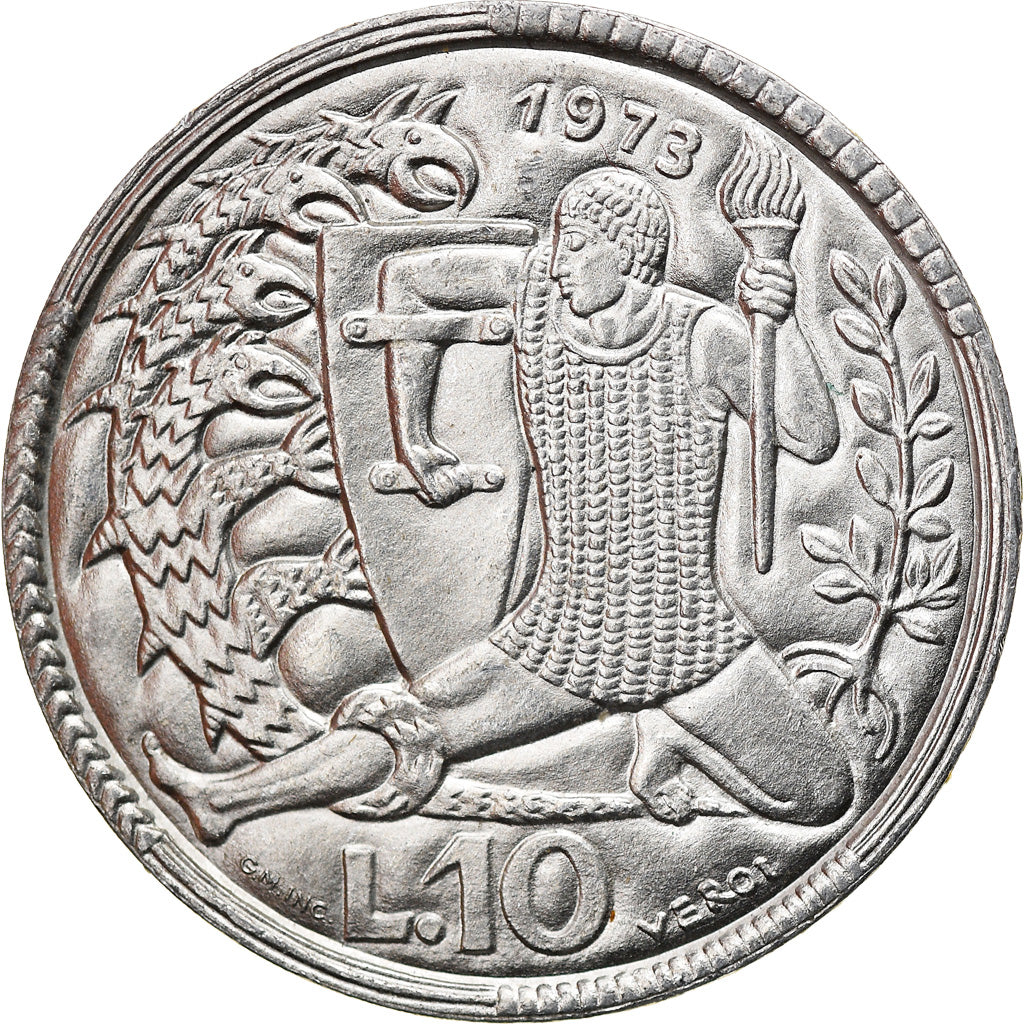 Coin, San Marino, 10 Lire, 1973, AU(55-58), Aluminum, KM:25
