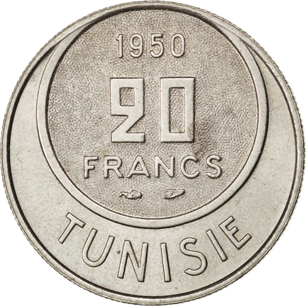 Coin, Tunisia, Muhammad al-Amin Bey, 20 Francs, 1950, Paris, AU(55-58)