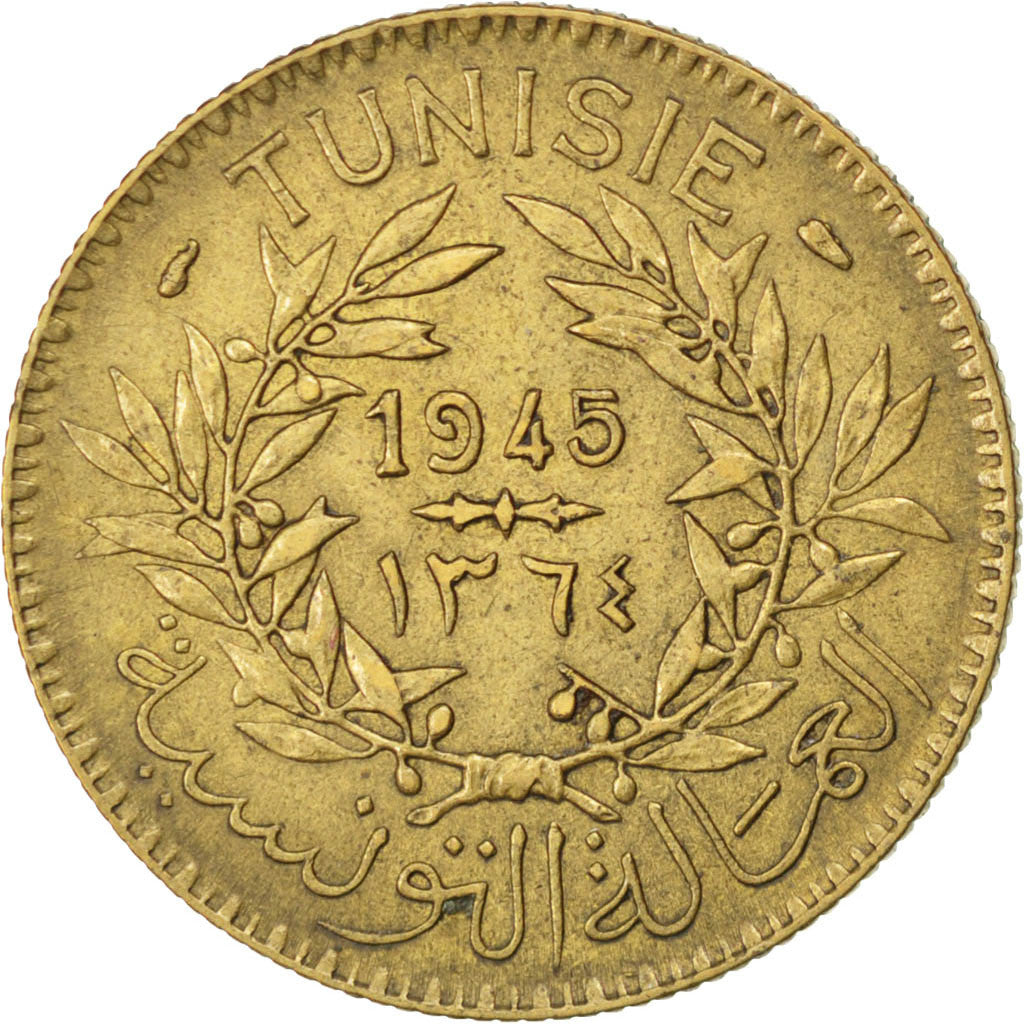 Coin, Tunisia, Anonymous, 2 Francs, 1945, EF(40-45), Aluminum-Bronze, KM:248