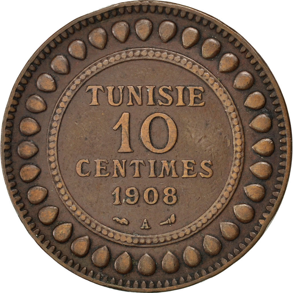 Coin, Tunisia, Muhammad al-Nasir Bey, 10 Centimes, 1908, Paris, EF(40-45)