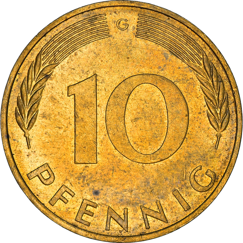 Coin, GERMANY - FEDERAL REPUBLIC, 10 Pfennig, 1974, Karlsruhe, EF(40-45), Brass