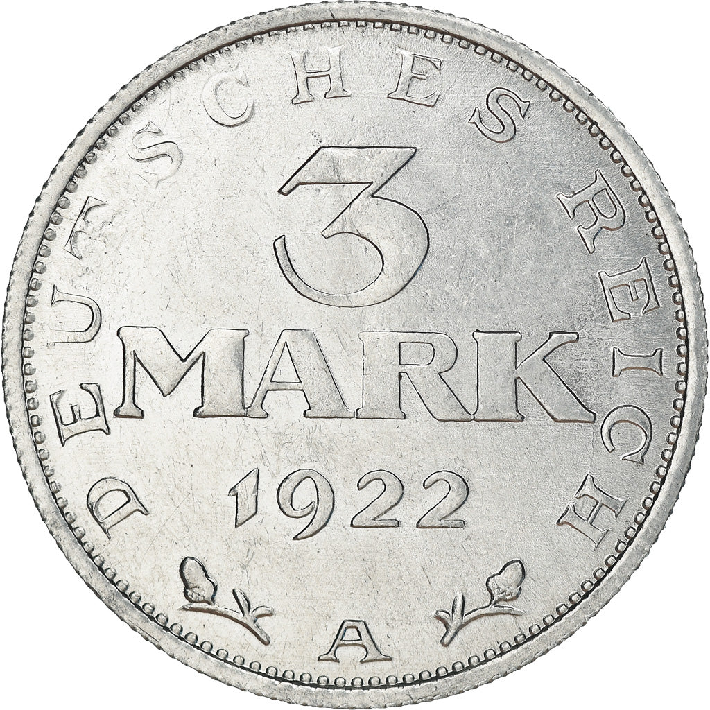 Coin, GERMANY, WEIMAR REPUBLIC, 3 Mark, 1922, Berlin, AU(50-53), Aluminum, KM:28