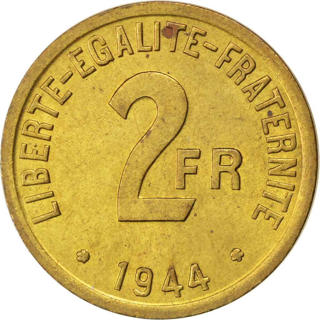 Moneta, Francja, France Libre, 2 Francs, 1944, AU(55-58), Mosiądz, KM:905