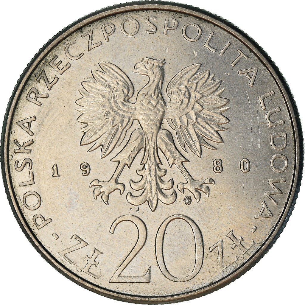 Coin, Poland, 20 Zlotych, 1980, Warsaw, AU(50-53), Copper-nickel, KM:112