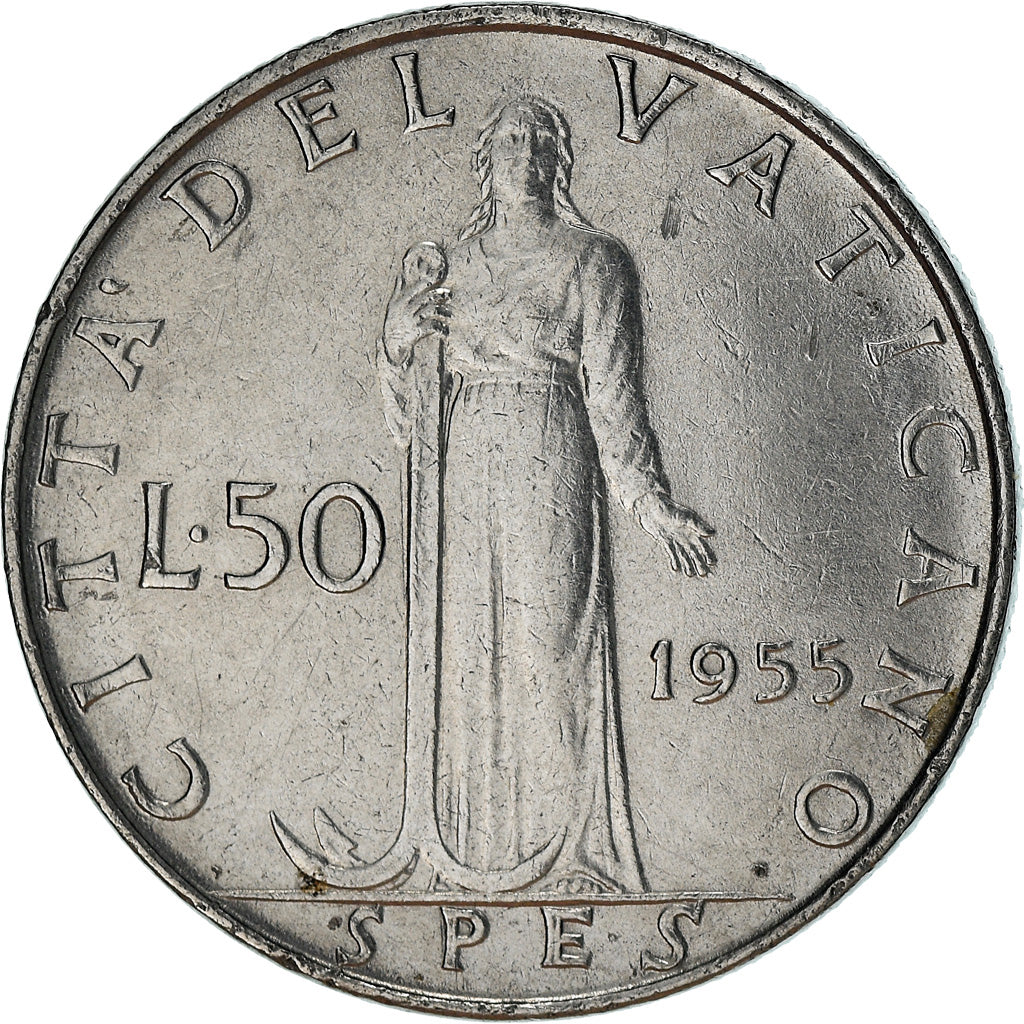 Moeda, CIDADE DO VATICANO, Pius XII, 50 Lire, 1955, EF(40-45), Aço Inoxidável