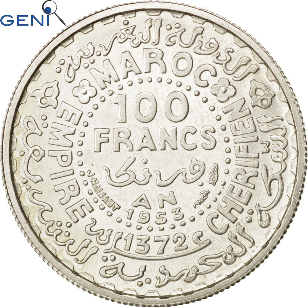Maroc, Mohammed V, 100 Francs, AH 1372/1953, Paris, Argent, GENI, MS66