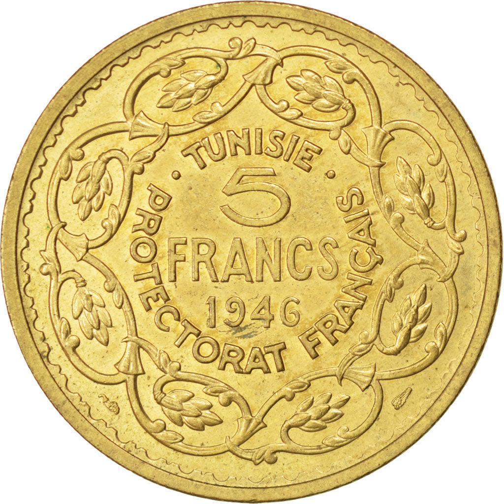 Coin, Tunisia, Muhammad al-Amin Bey, 5 Francs, 1946, Paris, AU(50-53)