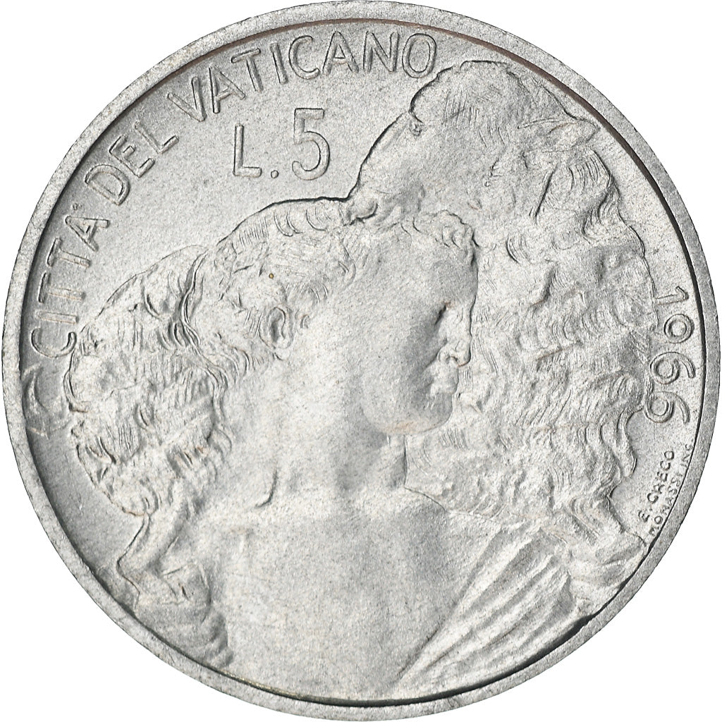 Moneda, CIUDAD DEL VATICANO, Paul VI, 5 Lire, 1966, Roma, MBC, Aluminio, KM:86