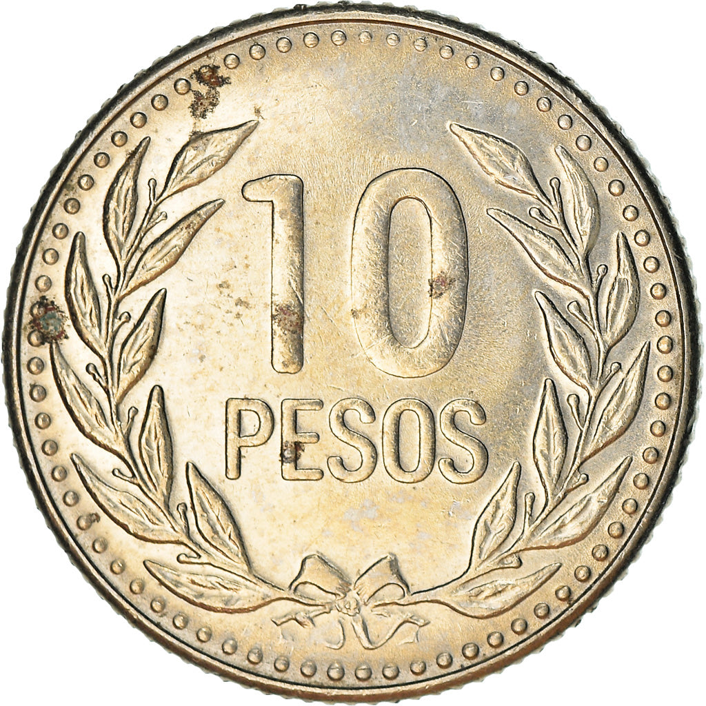 Moneta, Colombia, 10 Pesos, 1990, BB, Rame-nichel-zinco, KM:281.1