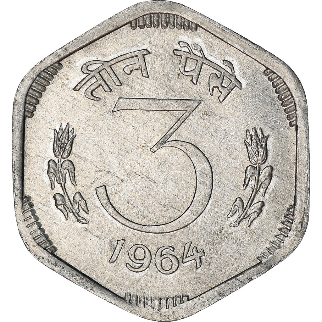 Moneta, REPUBBLICA DELL’INDIA, 3 Paise, 1964, BB, Alluminio, KM:14.1