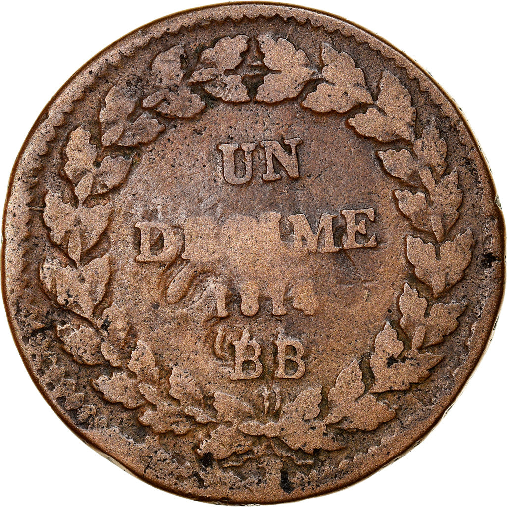 Münze, Frankreich, Napoléon I, Decime, 1814, Strasbourg, S, Bronze, KM:700