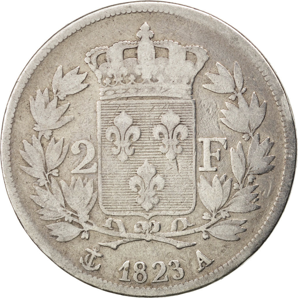 Moneda, Francia, Louis XVIII, Louis XVIII, 2 Francs, 1823, Paris, BC, Plata