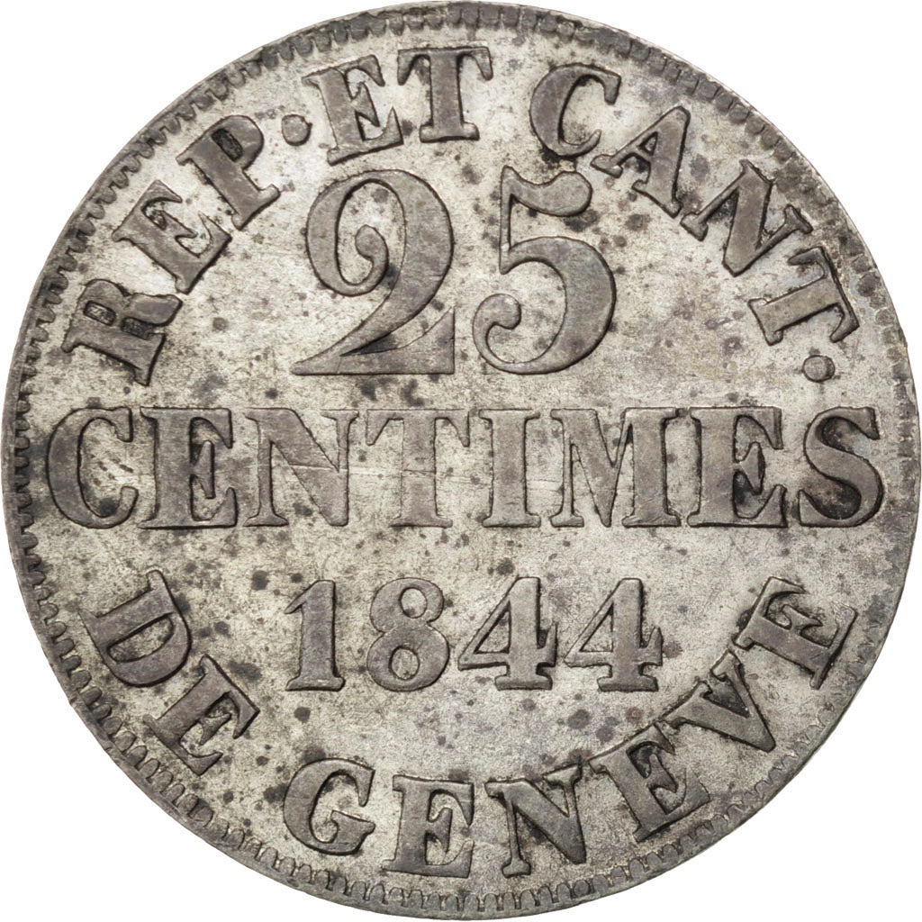 Moneta, CANTONI SVIZZERI, GENEVA, 25 Centimes, 1844, BB, Biglione, KM:129