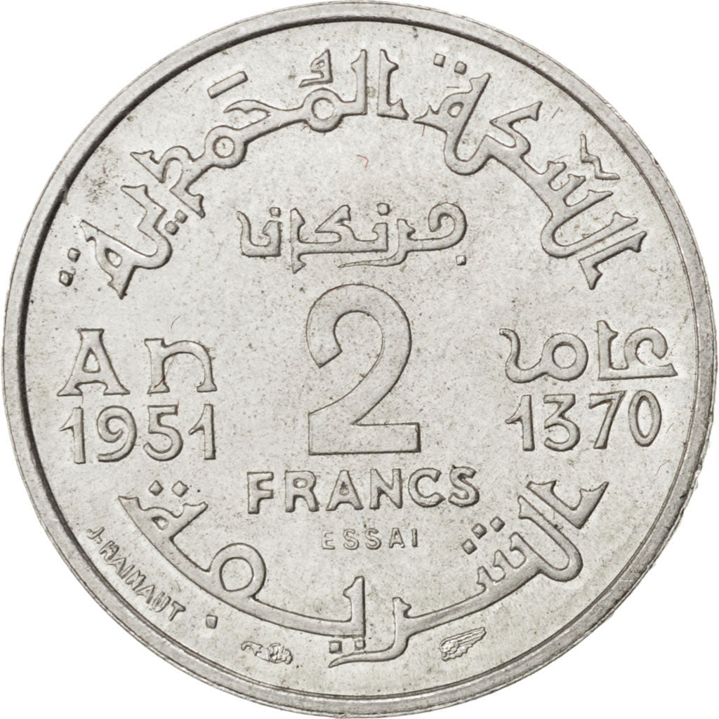 Coin, Morocco, 2 Francs, 1951, Paris, MS(60-62), Aluminum, KM:E38, Lecompte:235
