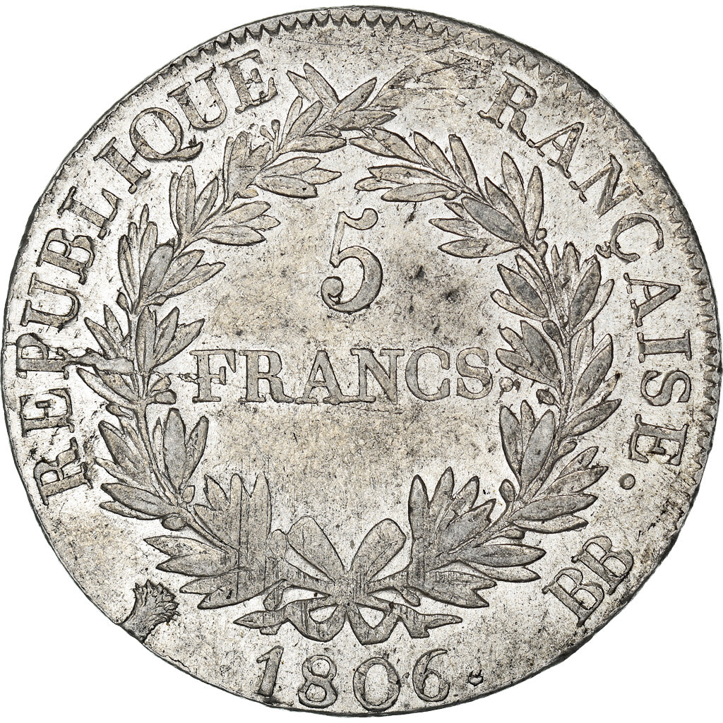 Moeda, França, Napoléon I, 5 Francs, 1806, Strasbourg, AU(55-58), Prata