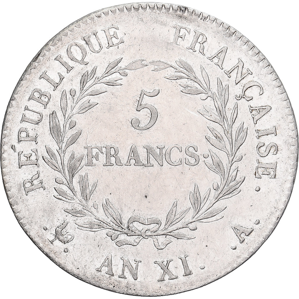 Moneta, Francja, Napoleon I, 5 Francs, An XI, Paris, AU(55-58), Srebro