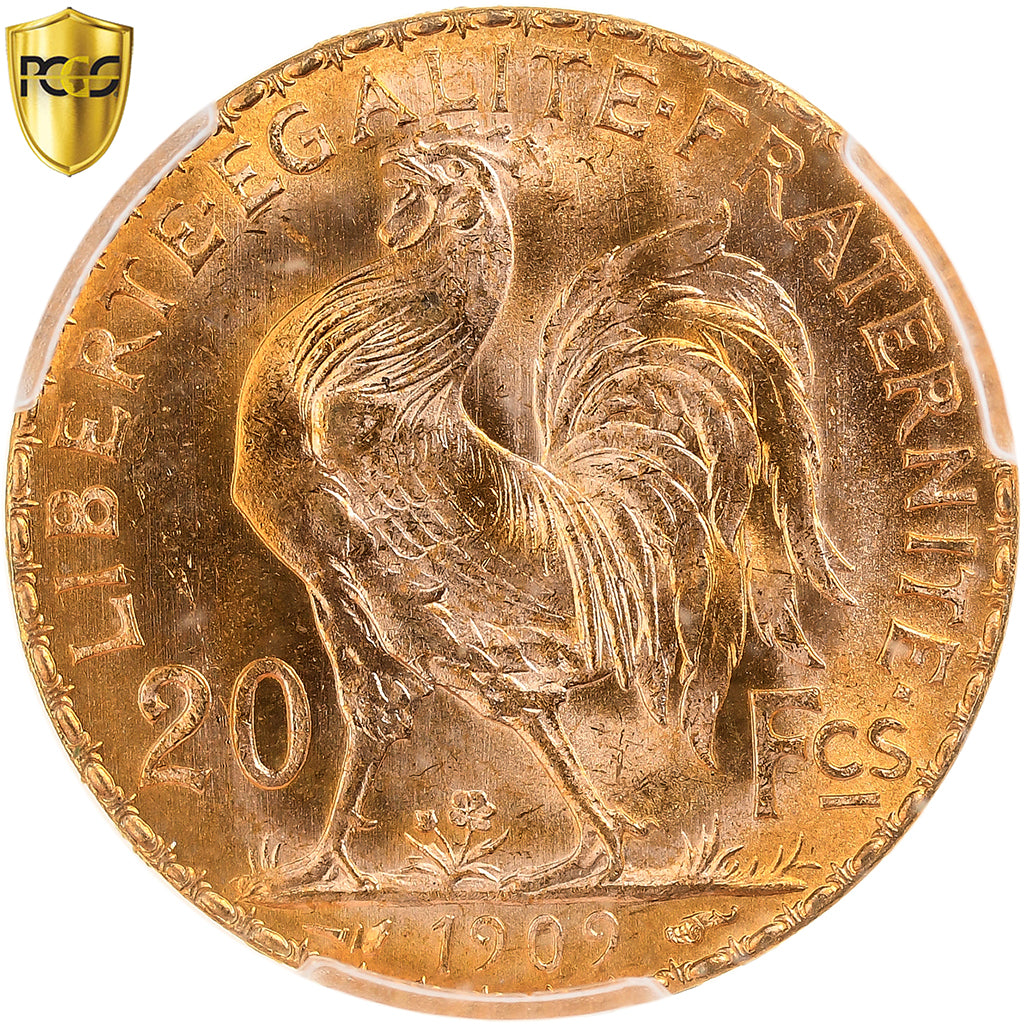 Frankrijk, 20 Francs, Marianne, 1909, Paris, Goud, PCGS, MS65, Gadoury:1064a