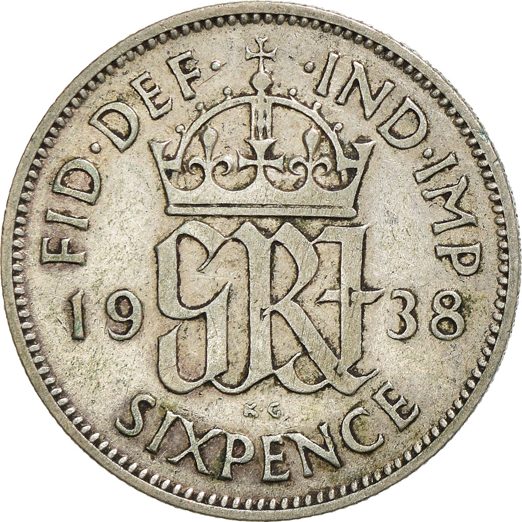 Moneda, Gran Bretaña, George VI, 6 Pence, 1938, BC+, Plata, KM:852