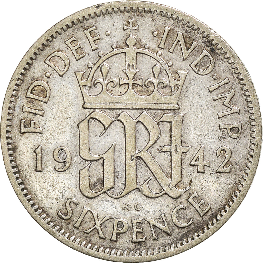 Moneda, Gran Bretaña, George VI, 6 Pence, 1942, BC+, Plata, KM:852