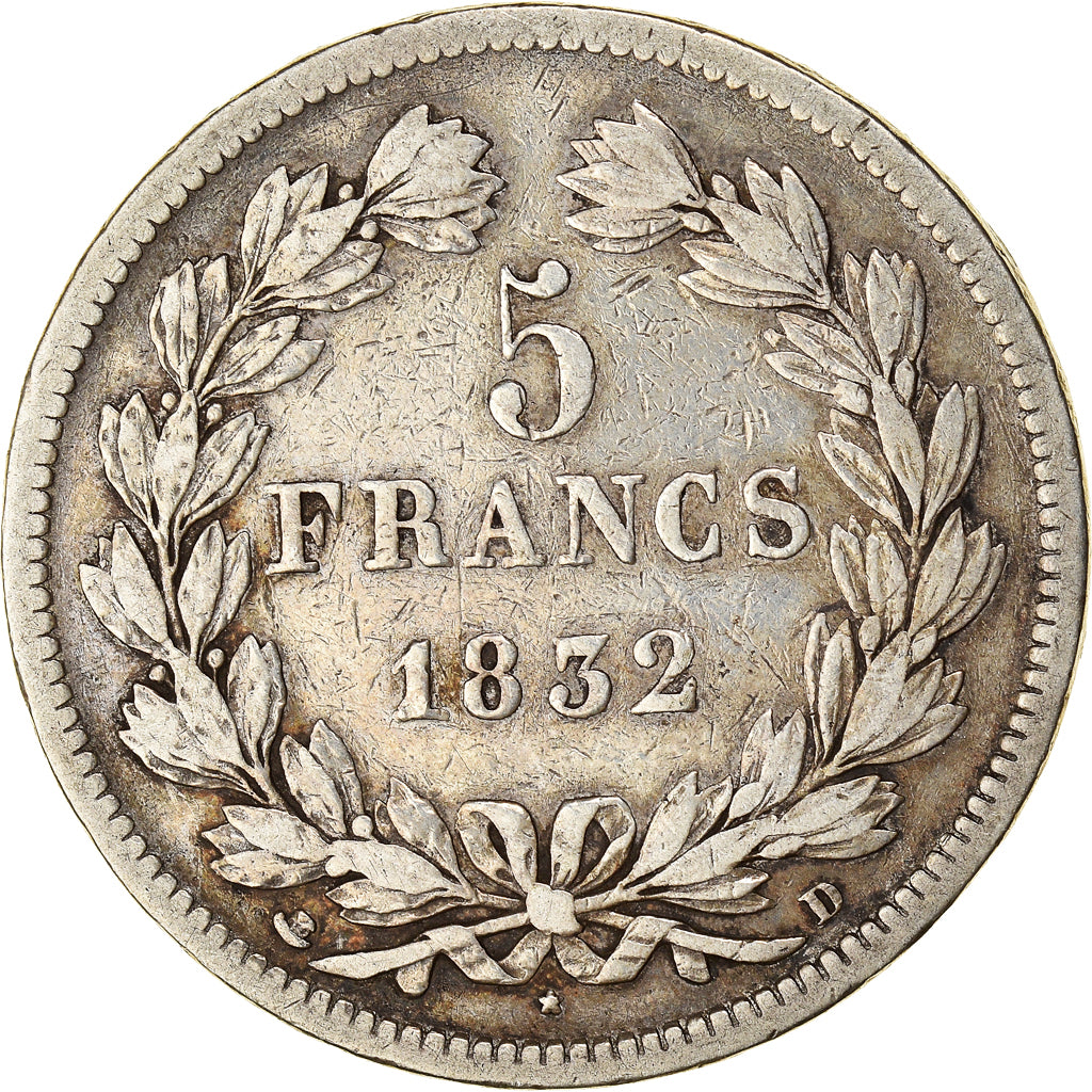 Moneta, Francia, Louis-Philippe, 5 Francs, 1832, Lyon, MB, Argento, KM:749.4