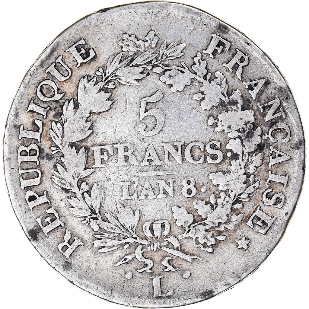 Munten, Frankrijk, Union et Force, 5 Francs, AN 8, Bayonne, FR, Zilver