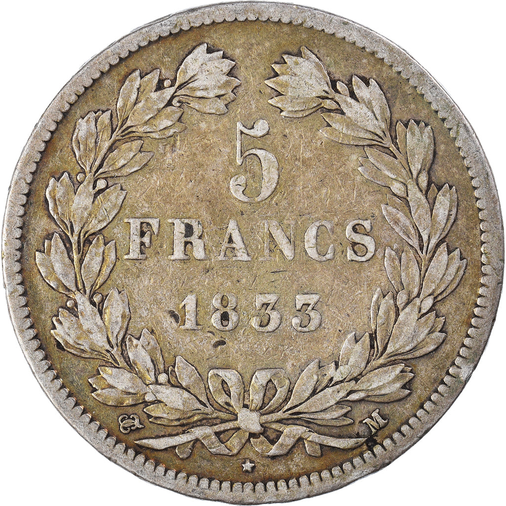 Moeda, França, Louis-Philippe, 5 Francs, 1833, Toulouse, VF(30-35), Prata