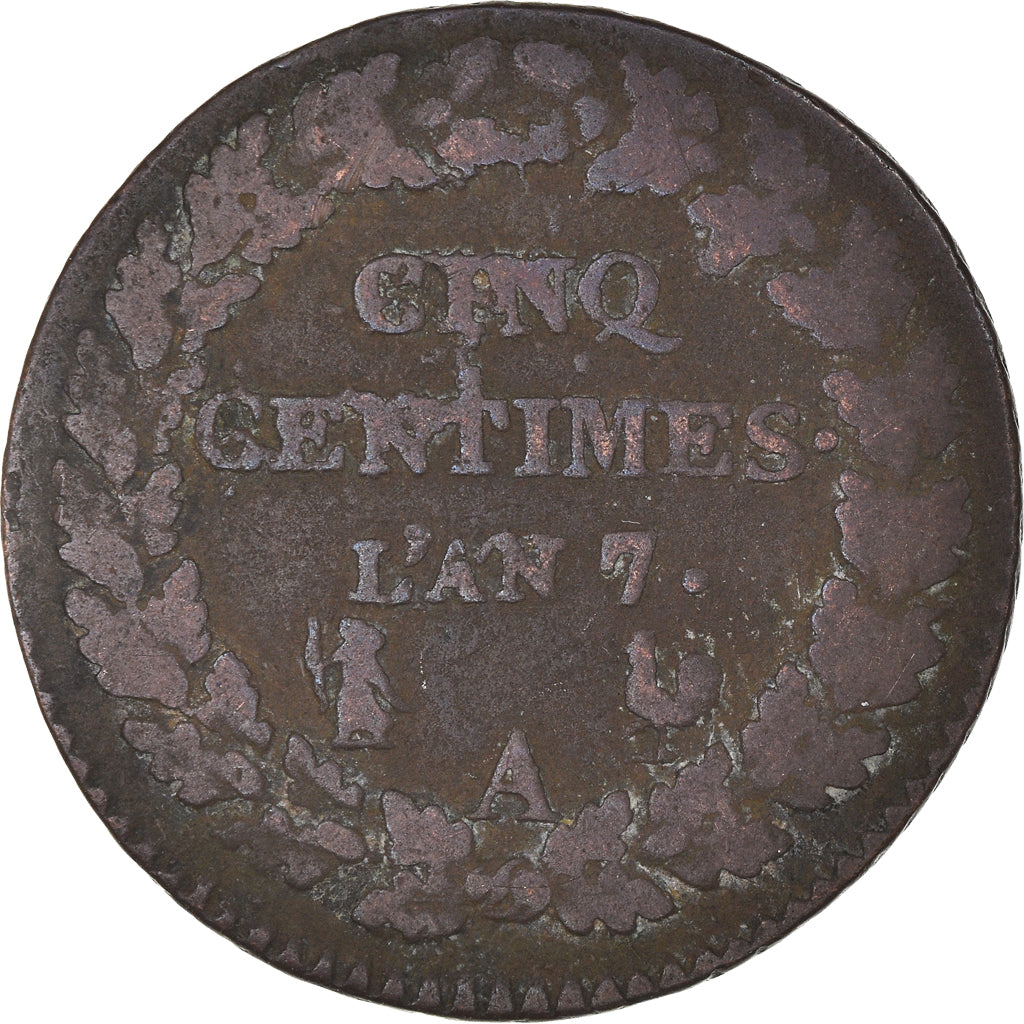 Moneta, Francia, Dupré, 5 Centimes, AN 7, Paris, MB, Bronzo, KM:640.1