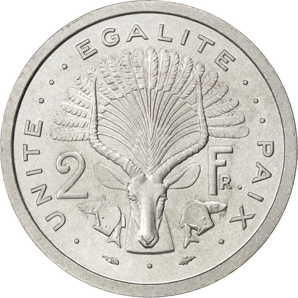 Coin, Djibouti, 2 Francs, 1977, MS(63), Aluminium, KM:E2