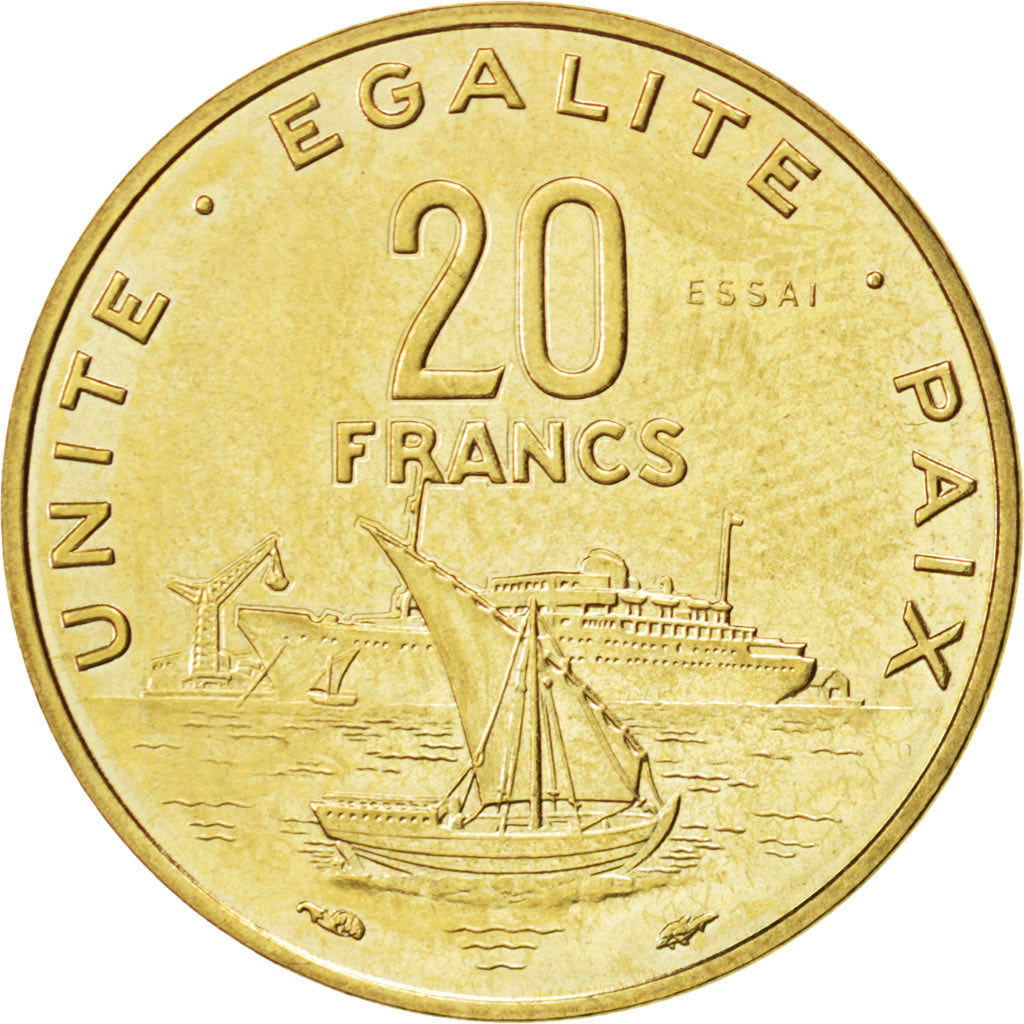 Coin, Djibouti, 20 Francs, 1977, MS(60-62), Bronze-Aluminium, KM:E5