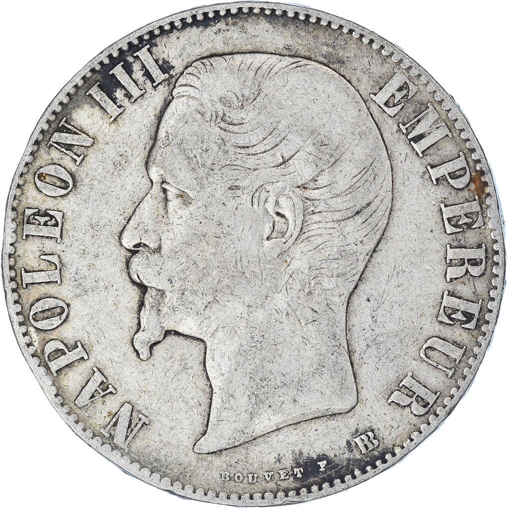 Moneda, Francia, Napoleon III, 5 Francs, 1855, Strasbourg, BC+, Plata, KM:782.2