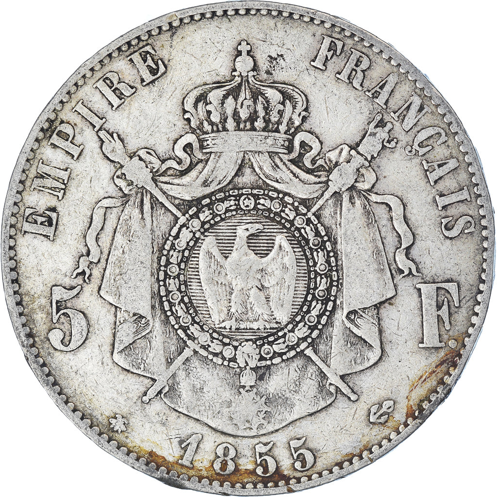 Moneda, Francia, Napoleon III, 5 Francs, 1855, Strasbourg, BC+, Plata, KM:782.2