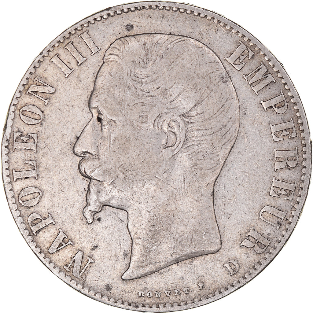 Moneda, Francia, Napoleon III, 5 Francs, 1856, Lyon, BC+, Plata, KM:782.3