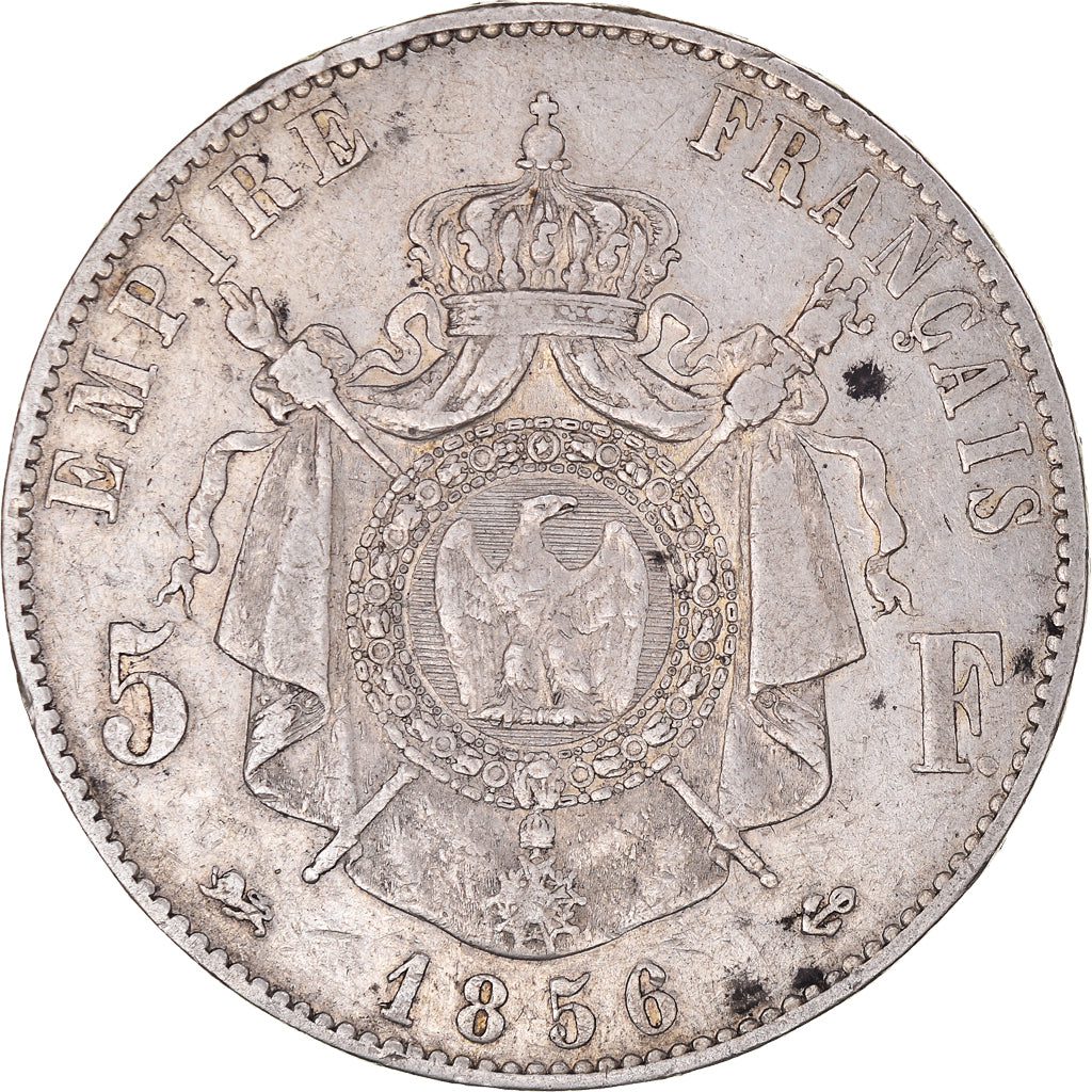Moneda, Francia, Napoleon III, 5 Francs, 1856, Lyon, BC+, Plata, KM:782.3
