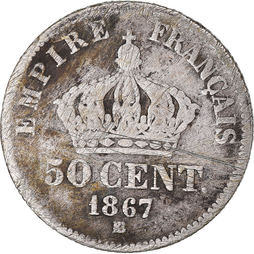 Coin, France, Napoleon III, 50 Centimes, 1867, Strasbourg, VF(20-25), Silver