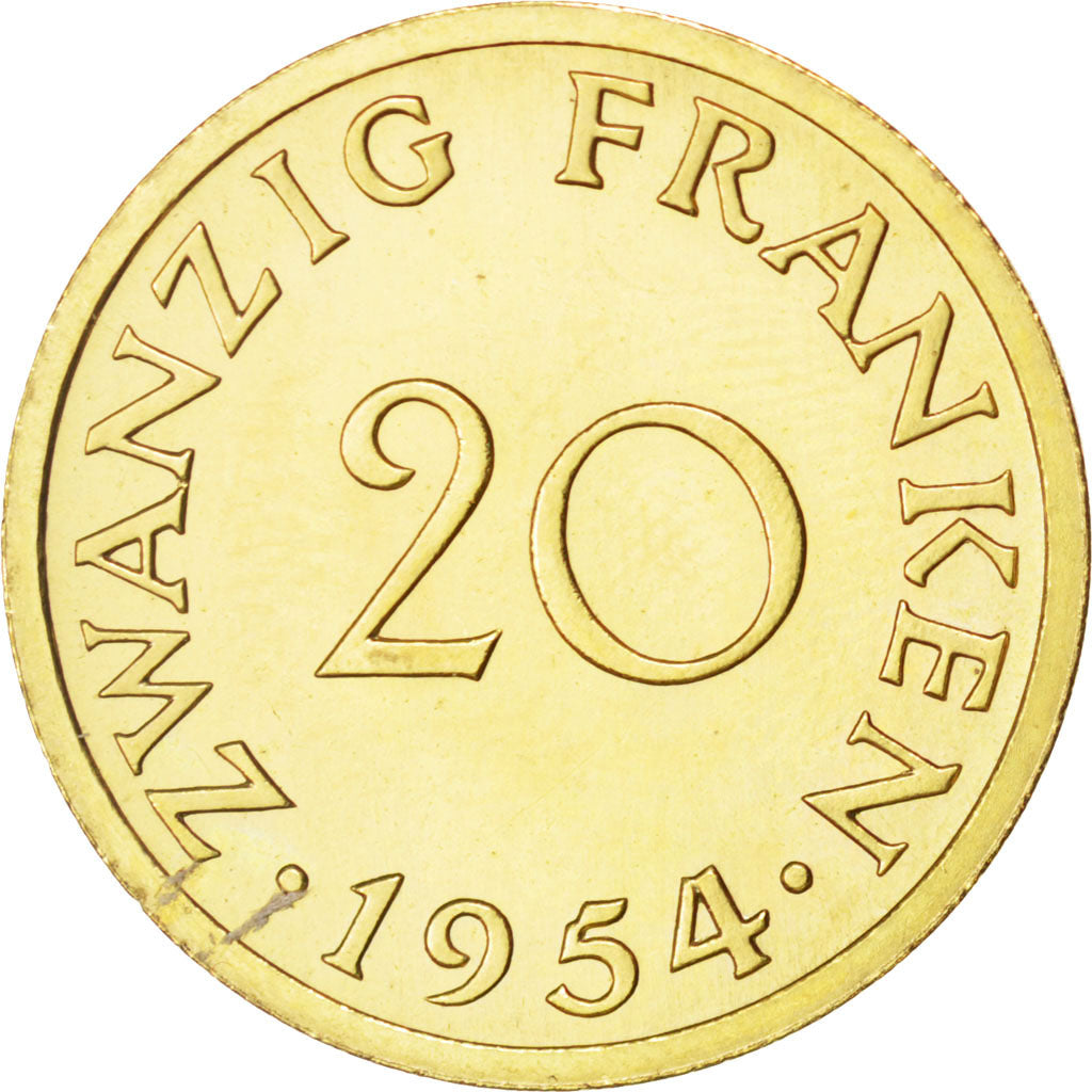 Coin, SAARLAND, 20 Franken, 1954, Paris, AU(55-58), Aluminum-Bronze, KM:E3