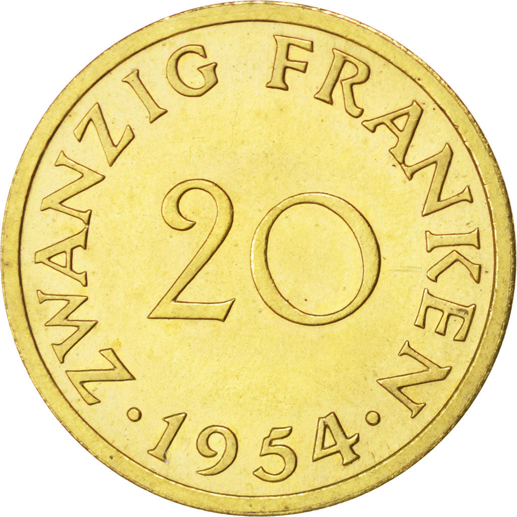 Münze, SAARLAND, 20 Franken, 1954, Paris, VZ, Aluminum-Bronze, KM:E3