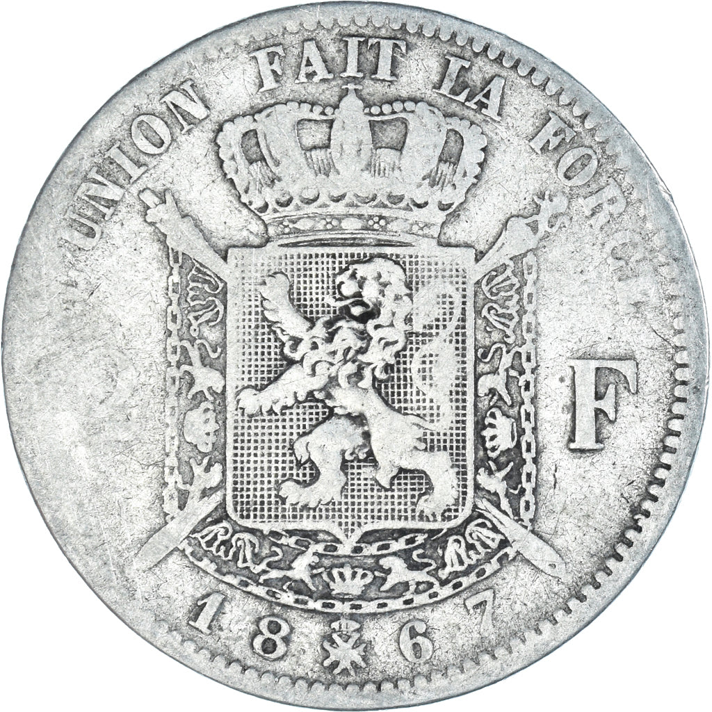 Coin, Belgium, Leopold II, 2 Francs, 2 Frank, 1867, Brussels, F(12-15), Silver