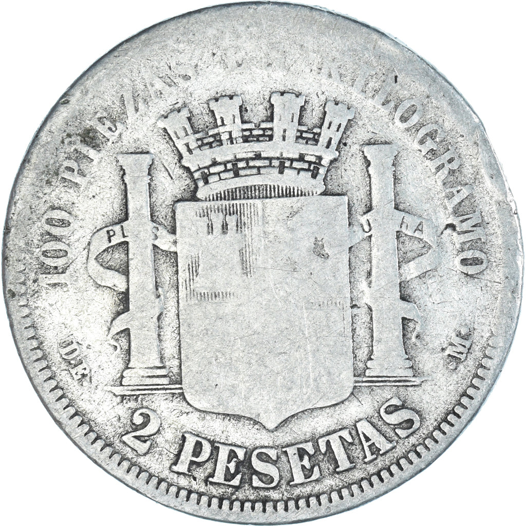 Moneda, España, Provisional Government, 2 Pesetas, 1870, Madrid, BC, Plata