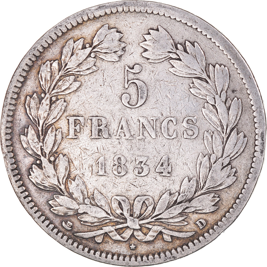 Coin, France, Louis-Philippe, 5 Francs, 1834, Lyon, VF(20-25), Silver, KM:749.4