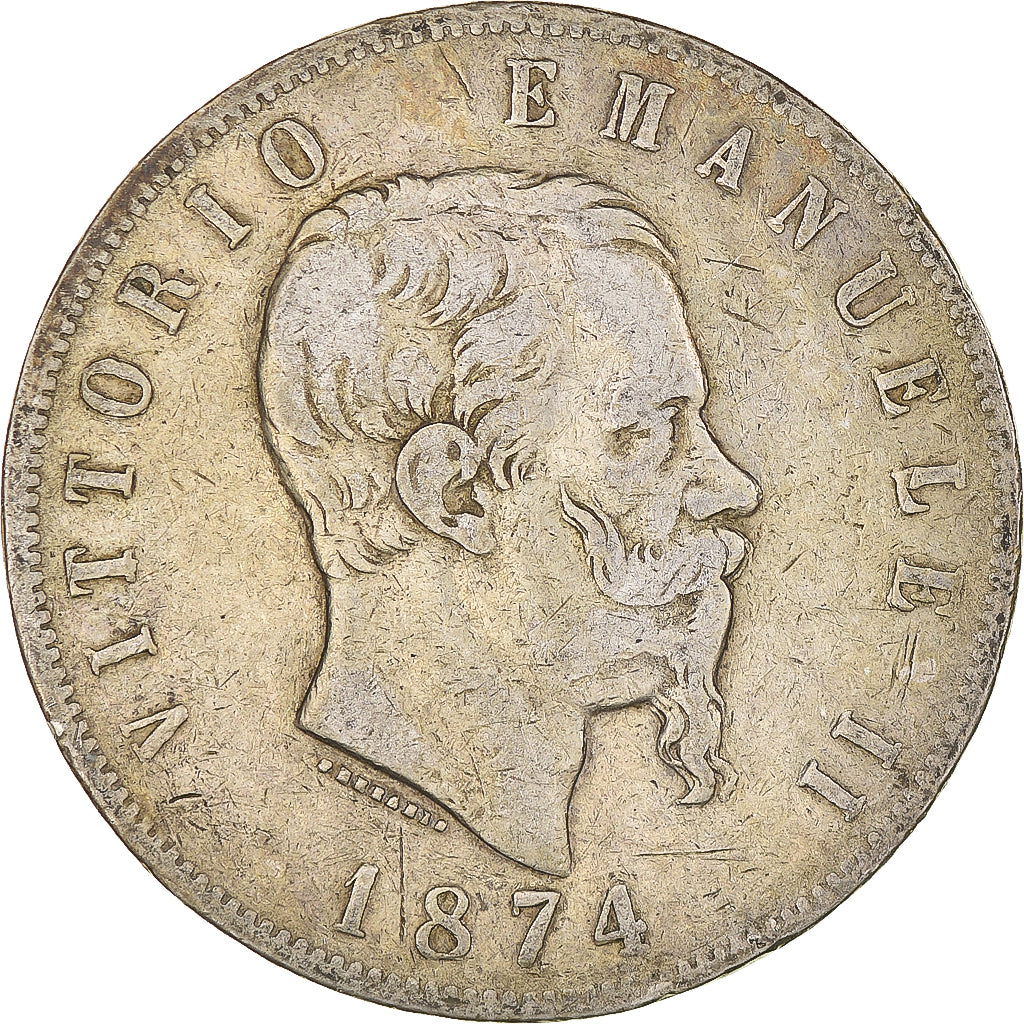 Moneda, Italia, Vittorio Emanuele II, 5 Lire, 1874, Milan, BC+, Plata, KM:8.3