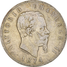 Moneda, Italia, Vittorio Emanuele II, 5 Lire, 1874, Milan, BC+, Plata, KM:8.3