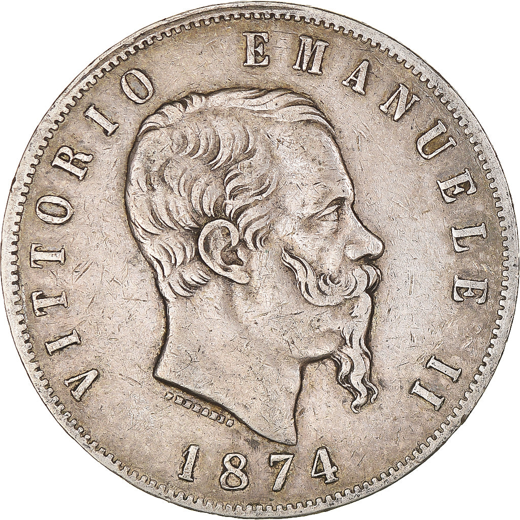 Moneda, Italia, Vittorio Emanuele II, 5 Lire, 1874, Milan, BC+, Plata, KM:8.3